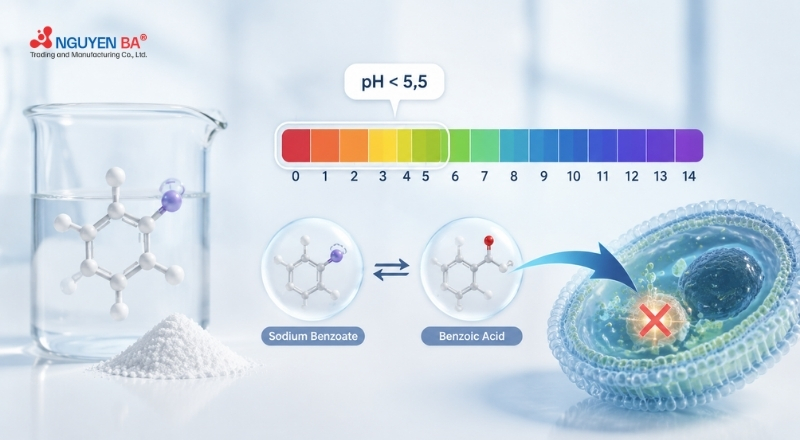 Sodium Benzoate giúp kiểm soát vi sinh vật, hỗ trợ duy trì chất lượng mỹ phẩm ổn định.